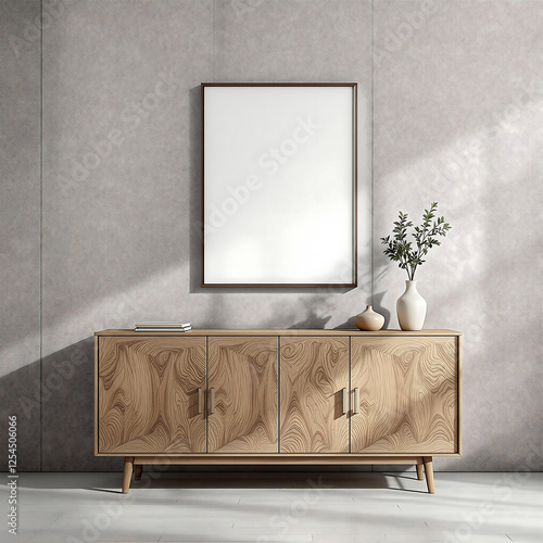 Interior scene with a wooden sideboard, a blank framed poster, and decorative objects. Concrete wall background. Use for mockups, interior design showcases, or furniture presentations. Minimalist styl