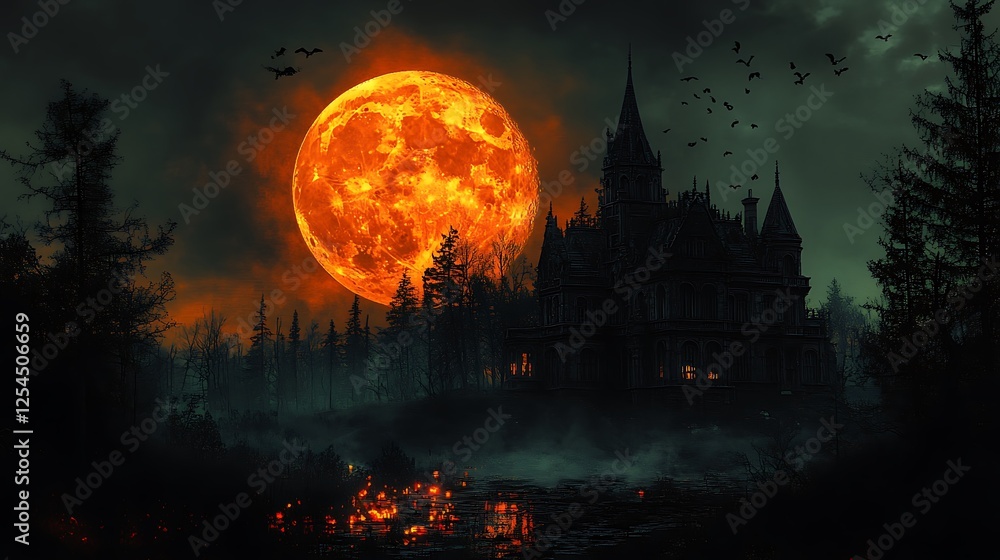 A dark silhouette of a gothic mansion with creepy shadows cast by a spooky moon A dark silhouette of a gothic mansion with creepy shadows cast by a spooky moon