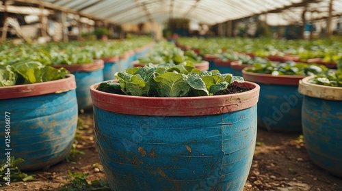 Vibrant Green Plants Growing in Large Blue Pots Inside a Greenhouse with Natural Light