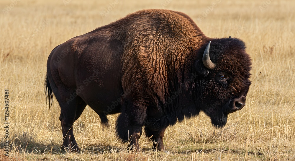 American Bison Grazing in a Golden Grass Field on a Sunny Day American Bison Grazing in a Golden Grass Field on a Sunny Day