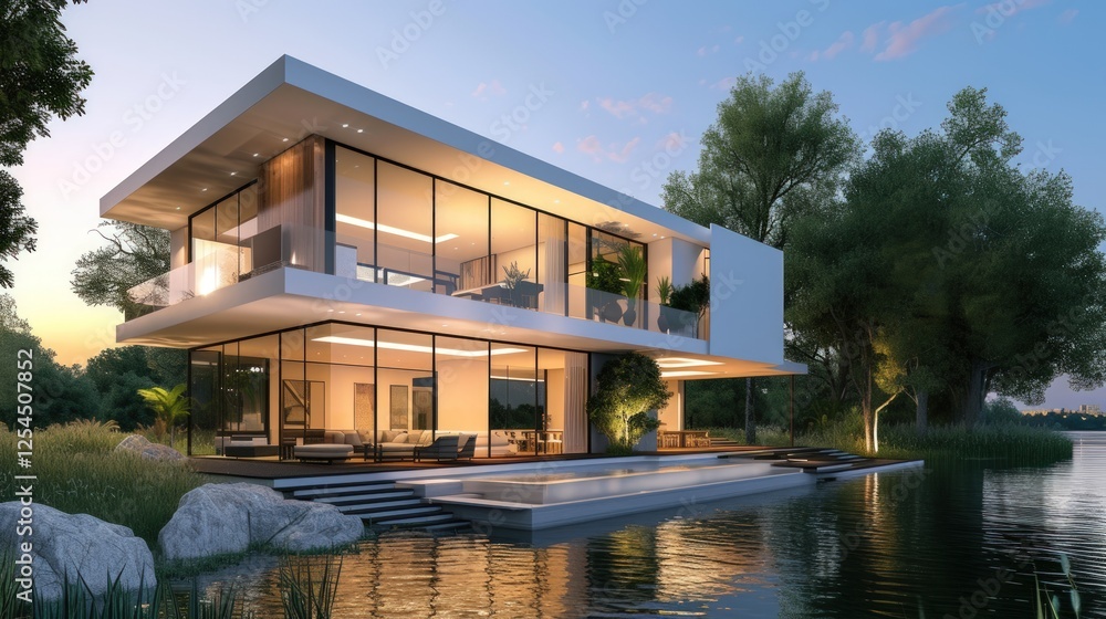 Fototapeta premium Modern luxury minimalist house by the river at evening with warm light scene. AI generated image