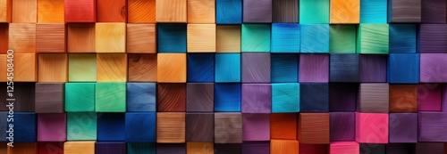 Colorful wooden blocks stack texture aligned background. AI generated image