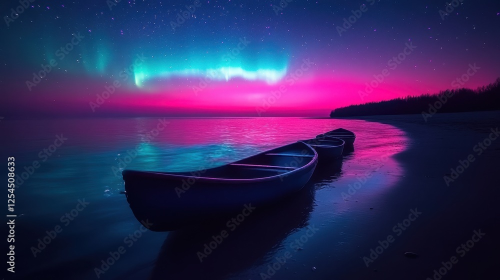 Canoes on beach at night, aurora borealis, calm sea Canoes on beach at night, aurora borealis, calm sea
