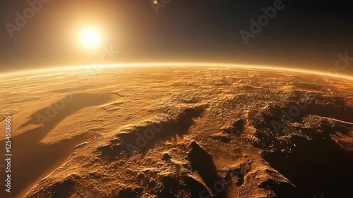 View of Martian landscape at sunrise showcasing rocky terrain and distant sun over horizon