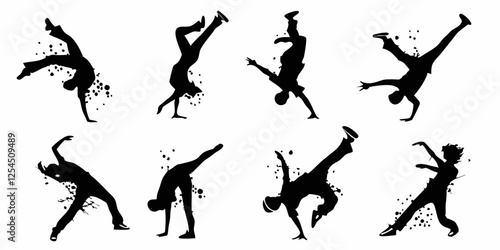 Dance icon boy and girl Children dancing street dance silhouette vector illustration. Group people dancing silhouette set. Figure happy active young men and women simple cartoon collection