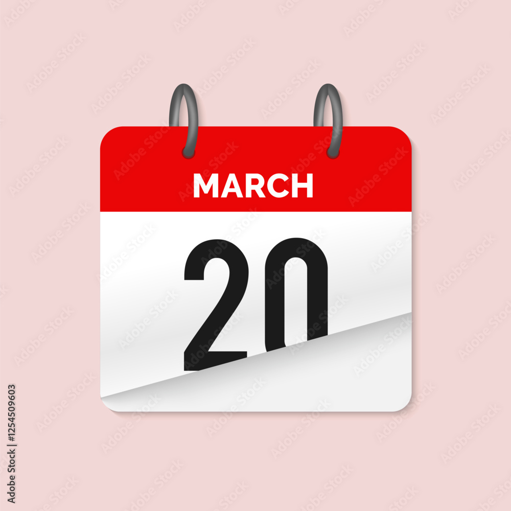 20th March daily calendar icon template. March 20 day calendar design. Single day calendar in vector illustration flat style. 20th March daily calendar icon template. March 20 day calendar design. Single day calendar in vector illustration flat style.