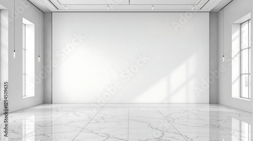 Empty, bright room with white walls, a polished marble floor, and large windows casting natural light. Ideal for use as a background, showcasing minimalist design, or creating a sense of spaciousness.