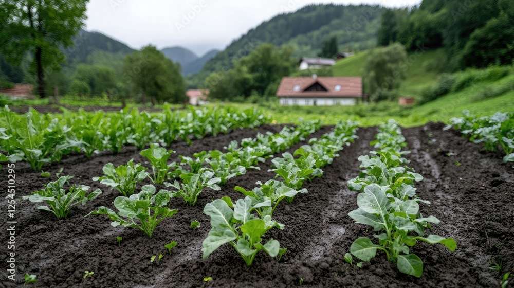 Obraz premium Young Beetroot Plants in Farmland, Misty Mountains Background, Suitable for Stock Photography
