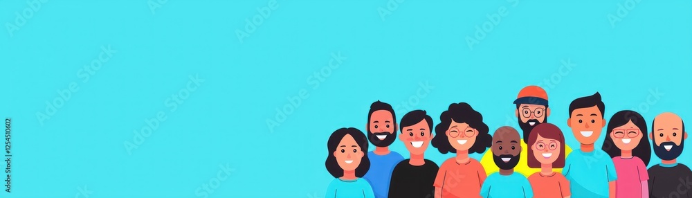 Diverse group smiling, blue background, teamwork, website banner Diverse group smiling, blue background, teamwork, website banner
