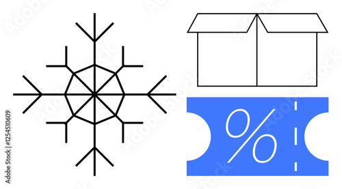 Snowflake symbolizing winter, open box indicating shipping or unboxing, and blue discount ticket with percentage symbol. Ideal for winter sales, e-commerce, discounts, promotions, shipping, unboxing