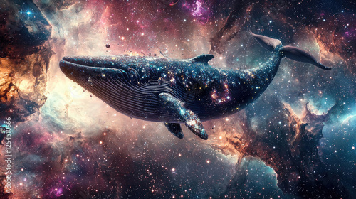 A majestic whale swims through a vibrant cosmic landscape filled with stars and nebulae