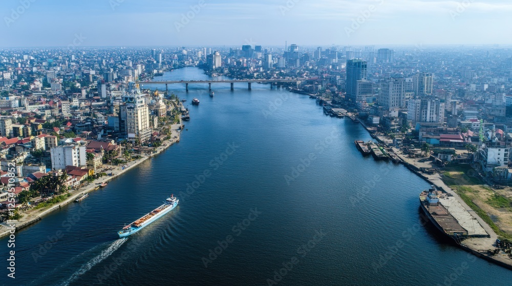 Obraz premium Aerial View of Can Tho City, Vietnam: River, Cityscape, and Cargo Ship