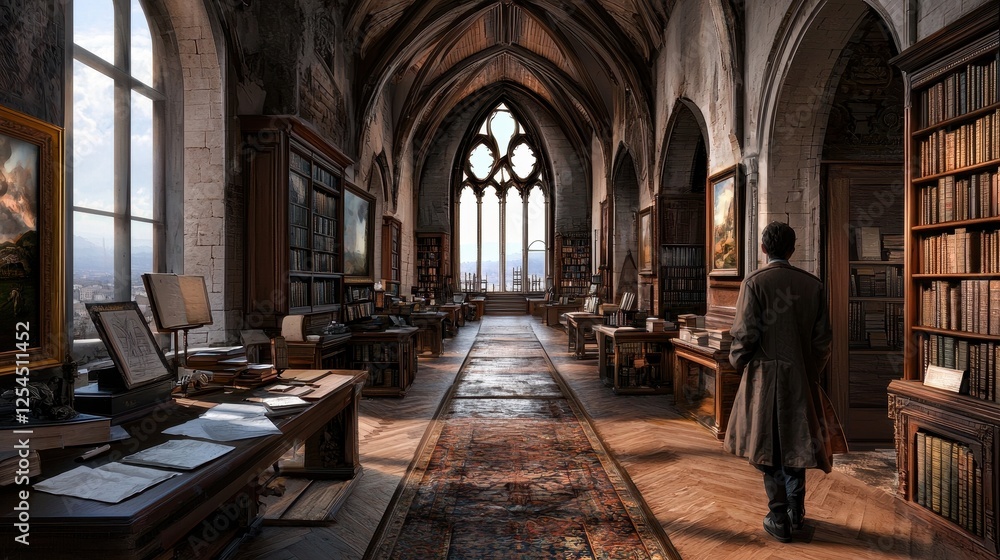 Fototapeta premium Majestic Gothic Library Interior with Rich Wood and Bright Windows