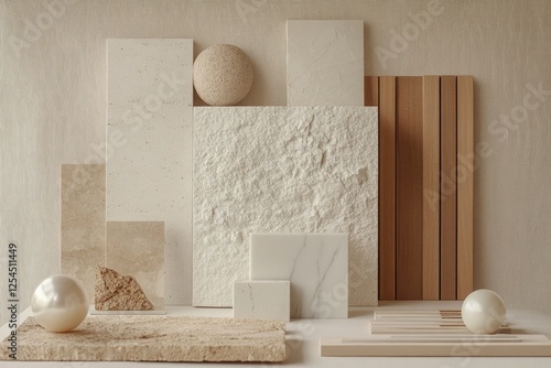 Beige stone, wood textures, neutral backdrop, design samples
