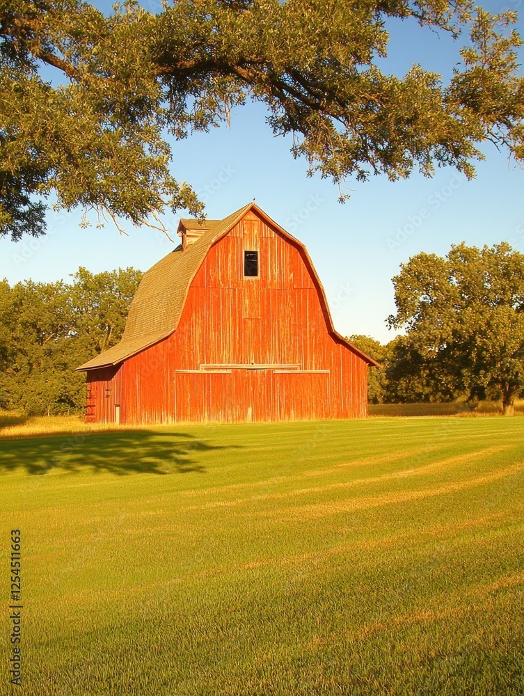 Obraz premium A scenic view of a historic red barn surrounded by golden wheat fields at dusk, creating tranquility.