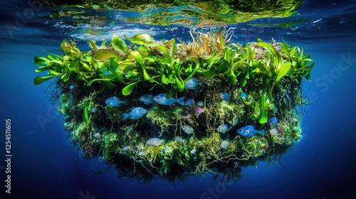 Underwater scene showcasing a vibrant floating garden with diverse fish swimming beneath
