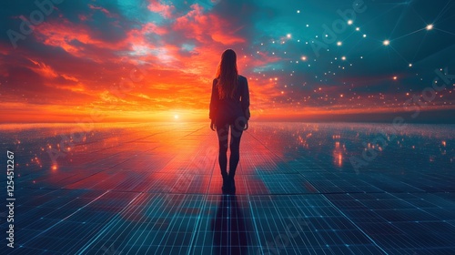 Woman silhouetted against a vibrant sunset, standing on a futuristic surface with glowing network connections in the sky.