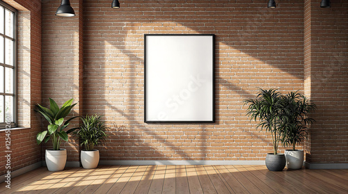 Interior scene with a blank, vertical framed poster on a brick wall, flanked by potted plants. Sunlight creates shadows. Ideal for mockups, art displays, or showcasing interior design elements.

