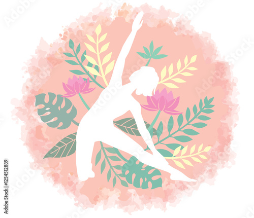 女性のヨガのポーズ。植物をイメージしたシルエット。ベクターイラスト素材。