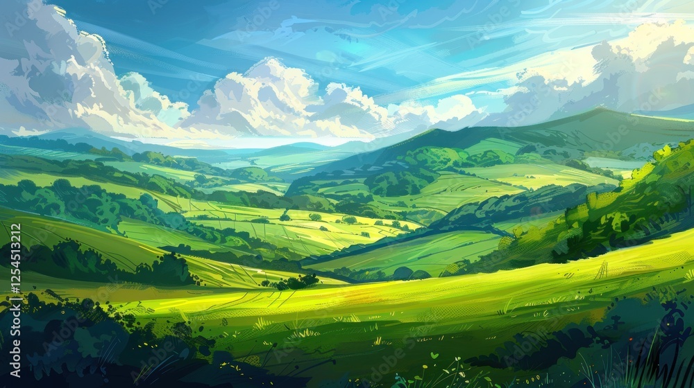 Fototapeta premium Illustration green fields or green hills landscape in bright blue sky background. AI generated image