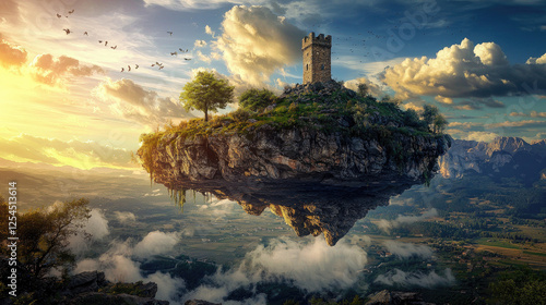 A majestic floating island with a tower and tree, set against a vibrant sunset sky