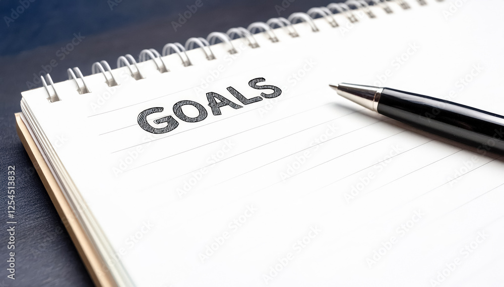 close-up of a notebook with the word goals written on it and a pen resting on the page close-up of a notebook with the word goals written on it and a pen resting on the page