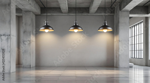 Loft-style interior with concrete walls, exposed beams, pendant lights, and a polished floor. Ideal for showcasing industrial-chic design, urban living, or as a versatile background.

