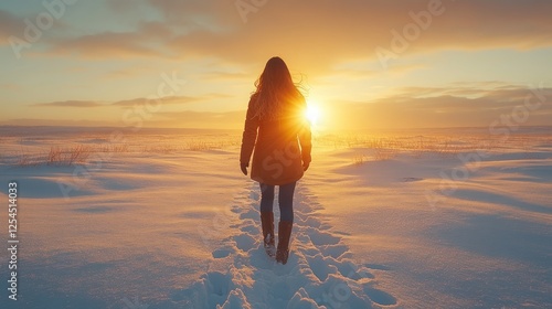 Woman walking alone in a snowy field at sunset.