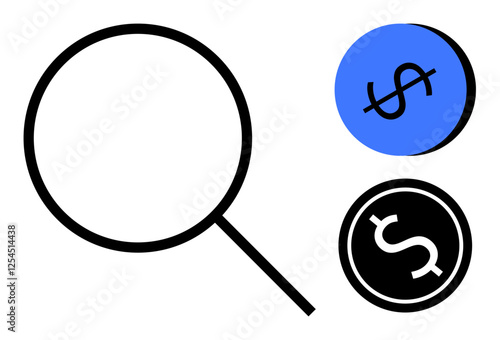 Magnifying glass with a blue crossed-out dollar sign and a black dollar sign circle. Ideal for financial scrutiny, investment insights, economic studies, budget planning, anti-fraud measures, market