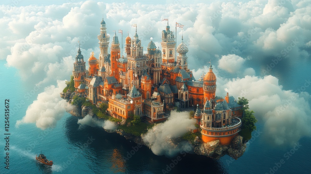 Obraz premium Floating castle city, ocean cloudscape, fantasy, game design