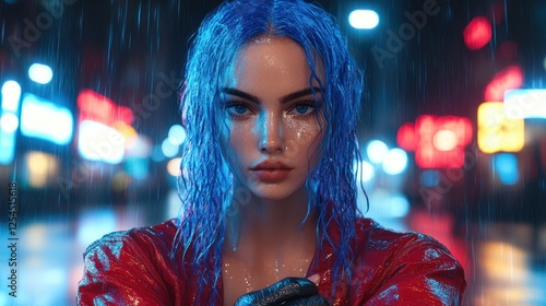 Woman with blue hair in rain, city lights background.