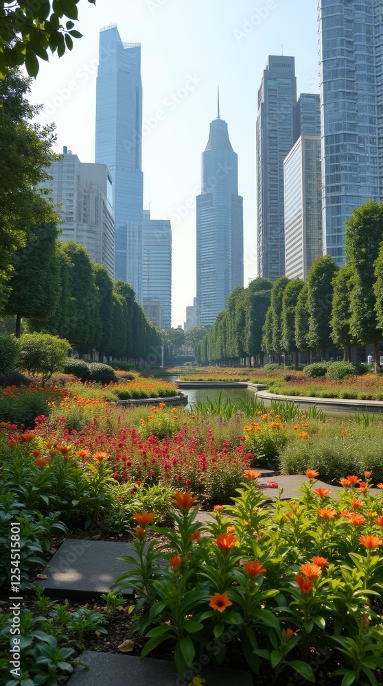 Fototapeta premium Garden with lush plants and flowers in front, with a backdrop of towering skyscrapers, creating a vibrant contrast between greenery and the urban skyline.
