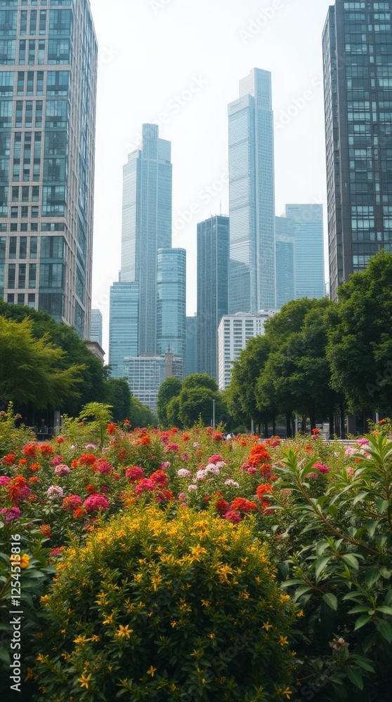 Garden with lush plants and flowers in front, with a backdrop of towering skyscrapers, creating a vibrant contrast between greenery and the urban skyline. Garden with lush plants and flowers in front, with a backdrop of towering skyscrapers, creating a vibrant contrast between greenery and the urban skyline.
