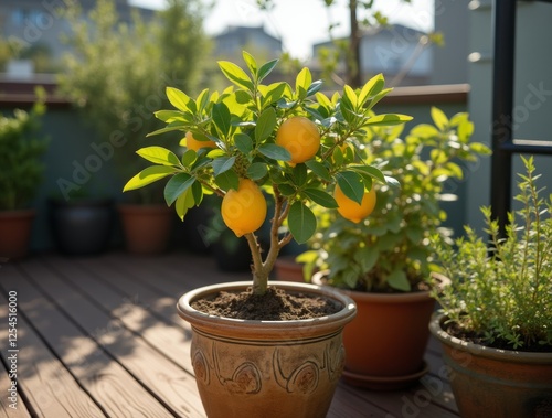 Wallpaper Mural Lemon tree in a ceramic pot on a wooden deck, part of a cozy rooftop garden during the afternoon, sunlight highlighting the leaves. Torontodigital.ca