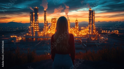 Woman with long blonde hair gazes at a large illuminated industrial factory complex at sunset.