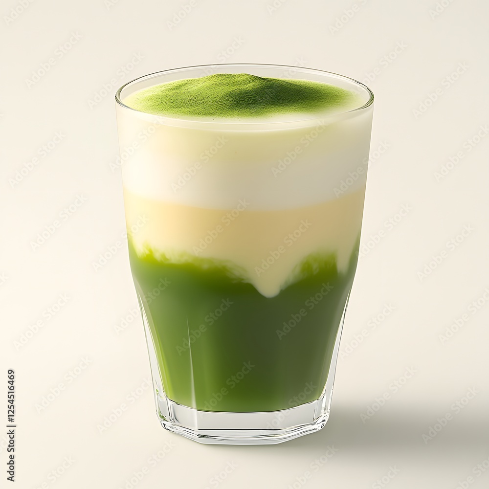Aesthetic layered matcha latte in tall glass against neutral background Aesthetic layered matcha latte in tall glass against neutral background
