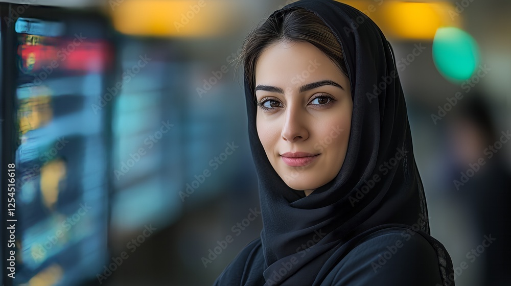 Businesswoman from Iran wearing hijab analyzing artificial intelligence data streams Businesswoman from Iran wearing hijab analyzing artificial intelligence data streams