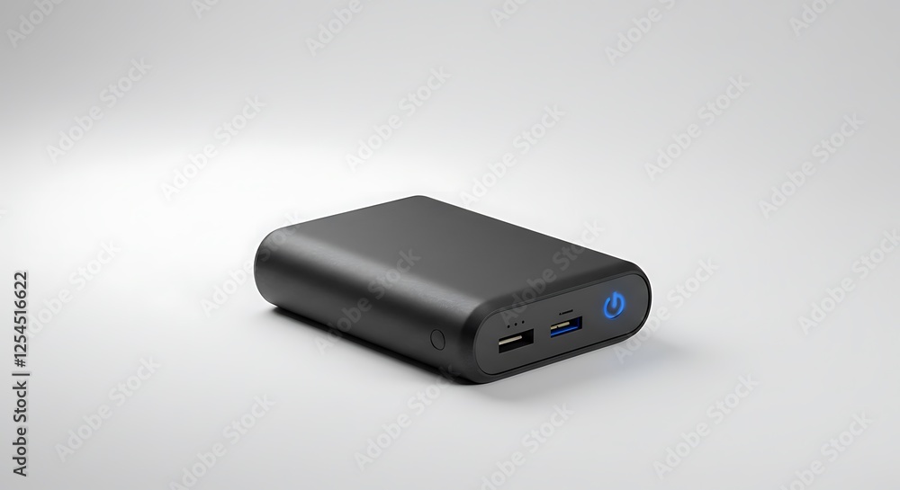 Black Portable Charger on White Background with Blue Power Button Black Portable Charger on White Background with Blue Power Button