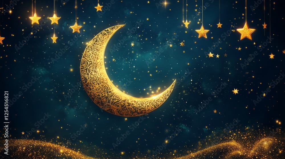 Naklejka premium Ramadan frame adorned with traditional golden Islamic patterns, crescent moon, and stars, perfect for festive occasions 