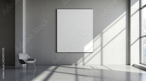 Minimalist interior with a blank, vertical framed poster on a gray wall, a chair, and window light casting shadows. Ideal for mockups, art displays, or showcasing interior design concepts.

