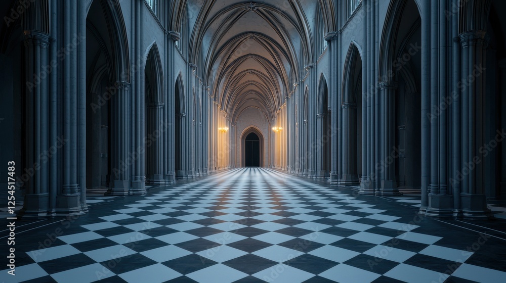 Dark Gothic Hallway with Checkered Floor and Archways in Perspective Dark Gothic Hallway with Checkered Floor and Archways in Perspective
