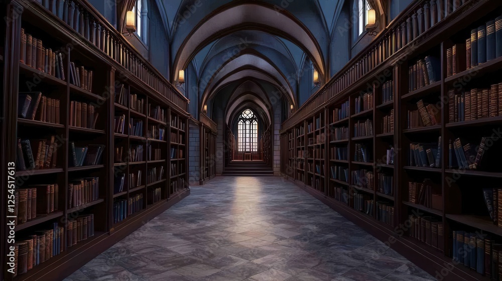 Majestic Library Hallway with Bookshelves and Gothic Architecture Majestic Library Hallway with Bookshelves and Gothic Architecture