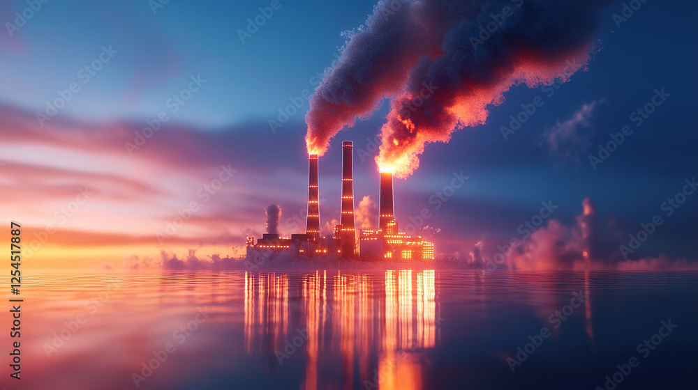 power plant emits smoke into sky at sunset, reflecting on water. scene captures industrial impact on environment with vibrant colors and dramatic lighting power plant emits smoke into sky at sunset, reflecting on water. scene captures industrial impact on environment with vibrant colors and dramatic lighting