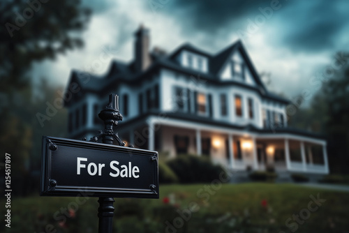 A for sale sign plate on the background of a cottage mansion. photo