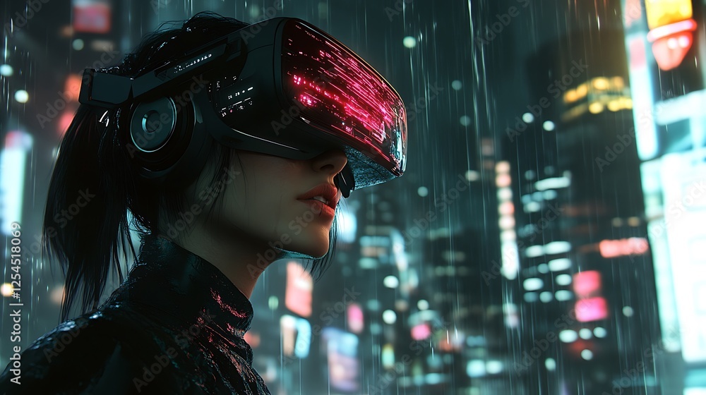 Naklejka premium Cyberpunk Rain: A Futuristic Woman in a Virtual Reality Headset