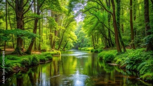 Serene stream winding its way through a dense thicket of tall trees, surrounded by vibrant green foliage and lush undergrowth