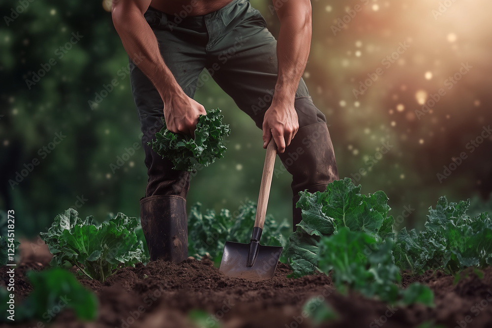 Fototapeta premium Gardener digging soil with a shovel in the garden close up background.