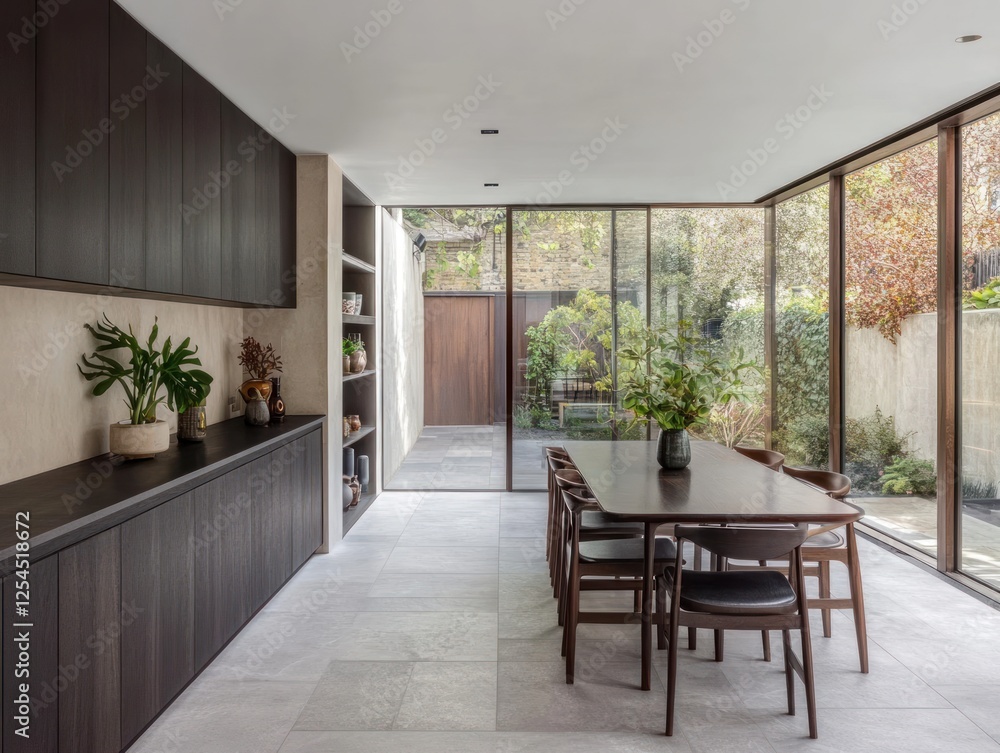 Fototapeta premium Modern dining room with garden view, minimalist design, natural light