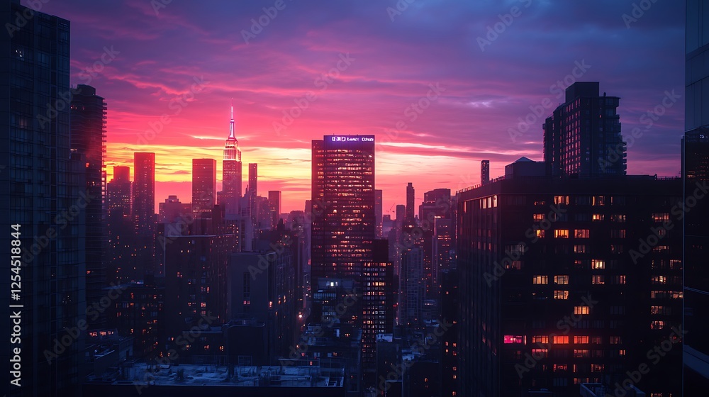 Fototapeta premium NYC Sunset Cityscape: Vibrant Hues Paint the Skyline
