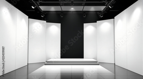 Empty exhibition stand with white walls, a black central panel, and a raised platform. Ideal for trade show booth mockups, event design concepts, or visualizing presentations. Clean and modern.

